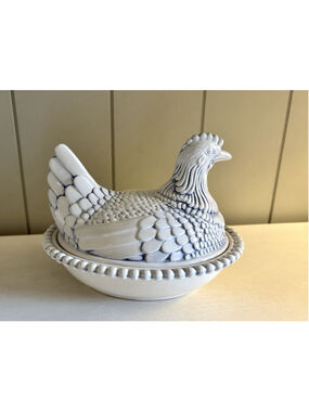 Vtg Hen On Nest Ceramic Artist Painted Blue White 5.5” Country Kitchen Decor